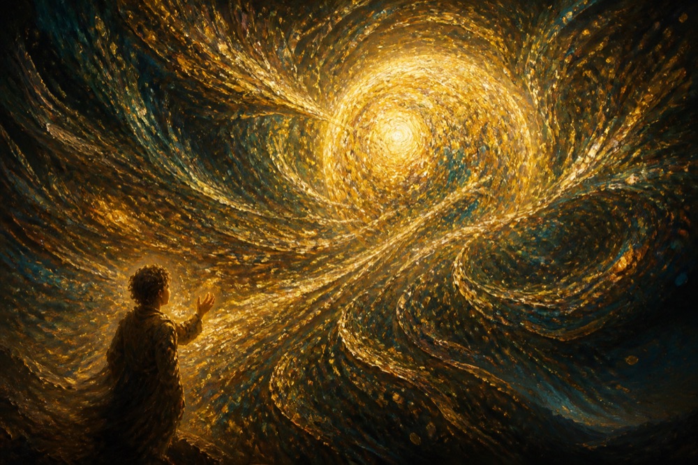 Oil painting: a swirling vortex of light coalescing into a sphere of thought
