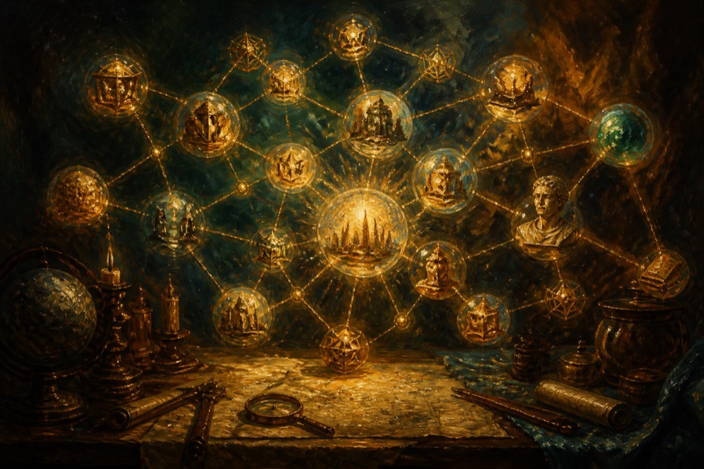 Oil painting: a luminous knowledge graph of connected golden objects